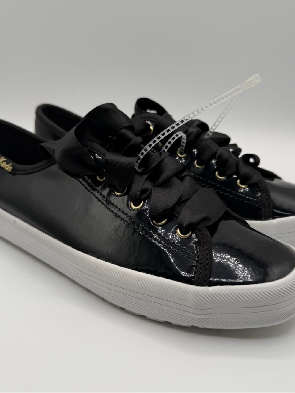 Keds Triple Kick Patent Platform Sneakers Ribbon Laces Black Gold Womens 7